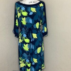 756 - Tahari NWOT Multicolored Pleated Ruffled Tie Front Sheath Dress, Size XL